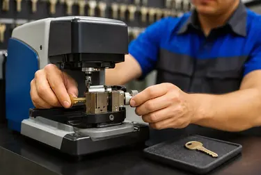 Chaveiro copiando uma chave em Maringá usando uma máquina especializada.